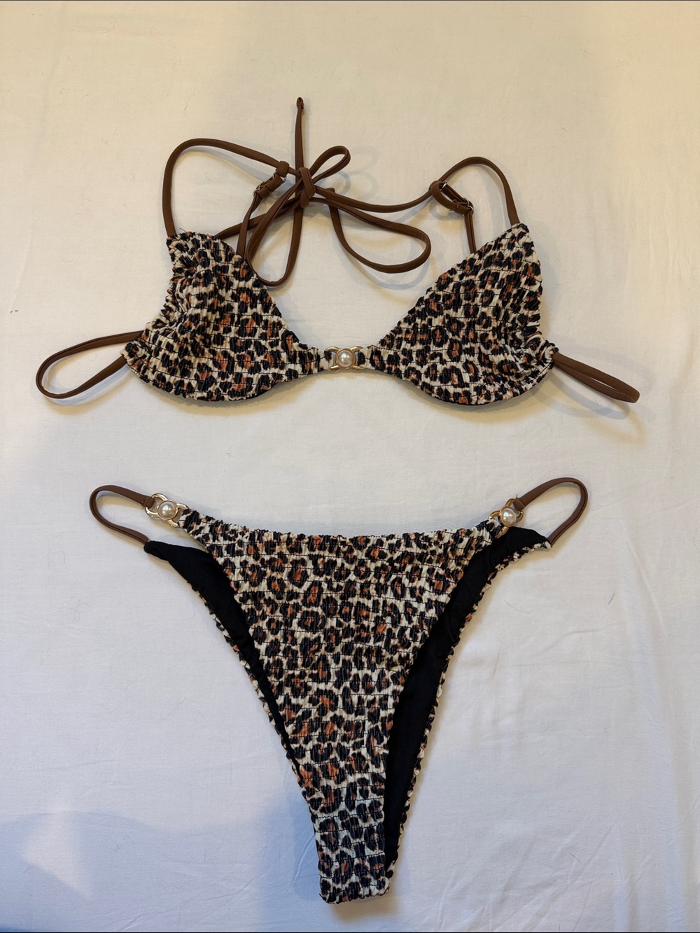 SHEIN Leopard Print Smocked Bikini Set - Brown, Black